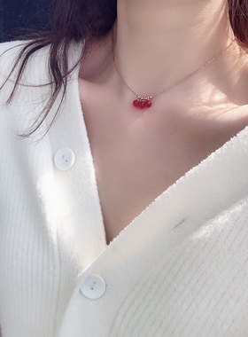 韩版红色珠子项链女短锁骨链网红个性潮钛钢镀18K玫瑰金饰品