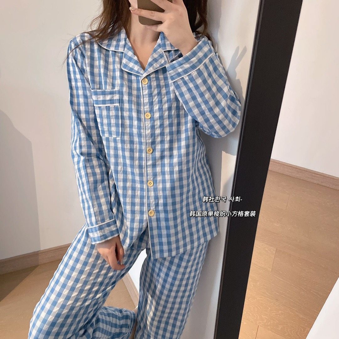 韩社韩国原单梭织小方格秋冬睡衣 幔淑葶睡衣/家居服套装