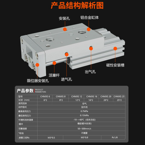 滑台气缸精密导轨亚德客型CHMXS16-10S-20-30-40-50-75-100-125 - 图2