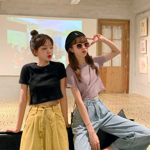 泫雅风短款韩版cec短袖t恤女宽松ins小众设计感心机紧身露脐上衣 - 图1