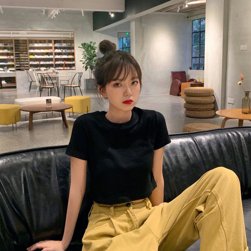 泫雅风短款韩版cec短袖t恤女宽松ins小众设计感心机紧身露脐上衣 - 图2