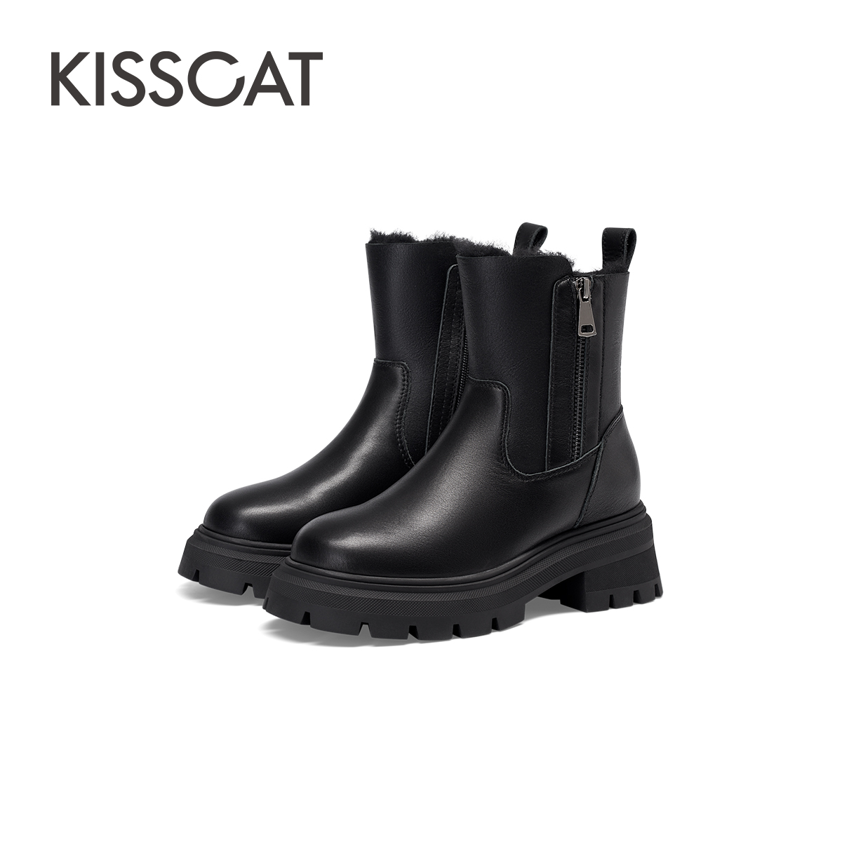 KISSCAT接吻猫秋冬季新款加绒加厚真皮短靴增高冬靴时尚雪地靴女 - 图1