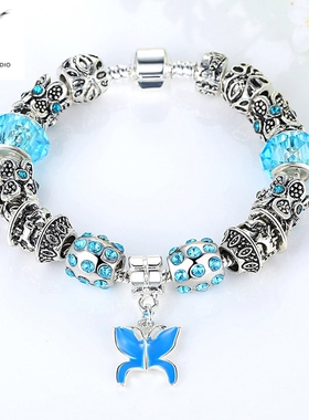 蓝色镶钻琉璃手链 diy大孔琉璃珠环保锌合金饰品