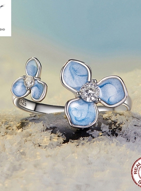 蓝色花开口戒指 s925纯银小花手饰戒指女 可调节简约时尚