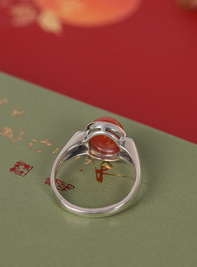 德琳居 s925银镶南红玛瑙戒指简约潮流单面水红小众百搭女食指戒