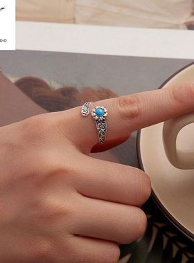 原创复古向日葵绿松石开口戒指 法式古典雕花s925纯银戒指