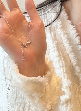 JHEPAN 925纯银镶钻蝴蝶项链简约小众设计甜美小清新水滴流苏锁骨