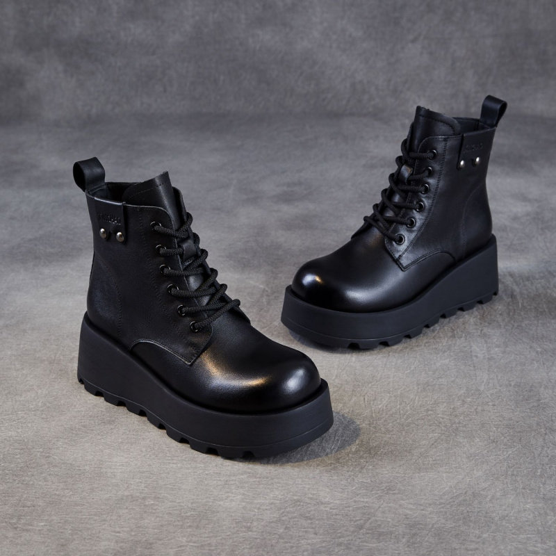 厚底马丁靴女25秋冬款英伦风圆头百搭真皮短靴松糕系带牛皮单靴子,淘宝优惠券,粉丝福利购,淘宝优惠卷