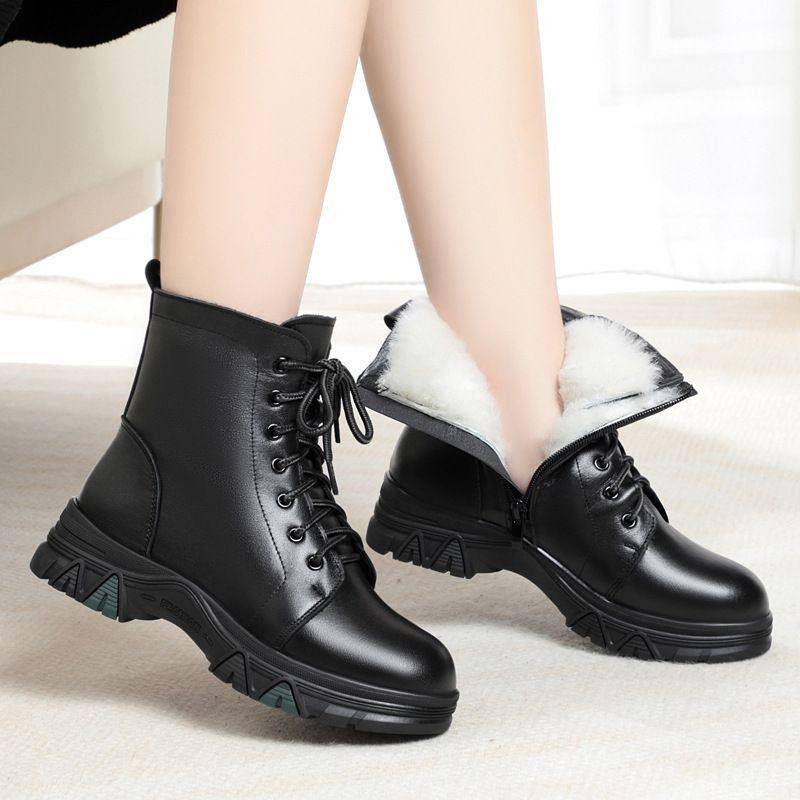 真皮短靴女式冬季百搭加绒高跟女靴粗跟女士舒适皮鞋中年妈妈棉鞋,淘宝优惠券,粉丝福利购,淘宝优惠卷
