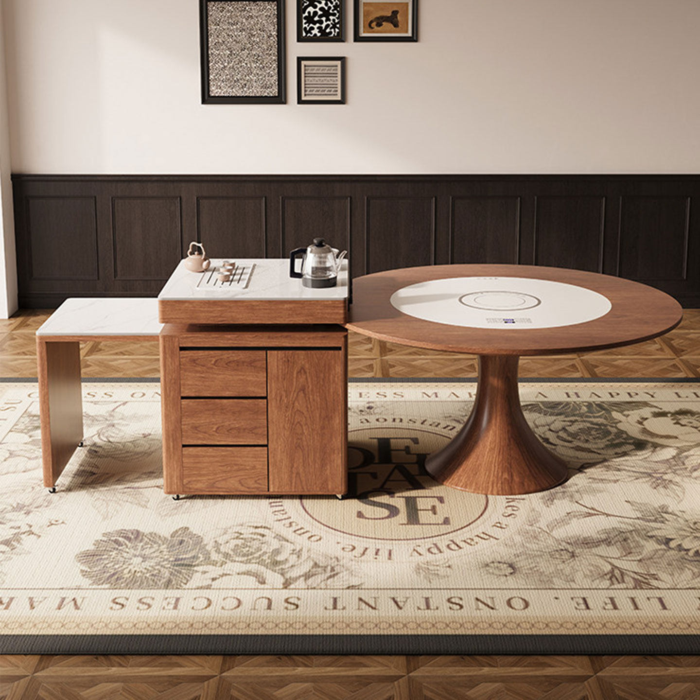 实木岛台餐桌一体可伸缩多功能胡桃色圆桌2025新款带电磁炉中古风,淘宝优惠券,粉丝福利购,淘宝优惠卷