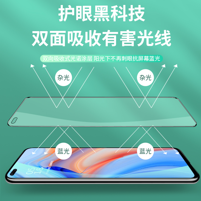 opporeno4钢化膜reno3/2全屏覆盖reno2z手机膜4se抗蓝光ace2护眼绿光元气版十10倍变焦5g防摔0pp0原装45g保护 - 图0