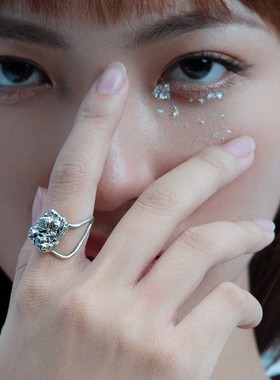 野月亮情侣小众原创矿石戒指