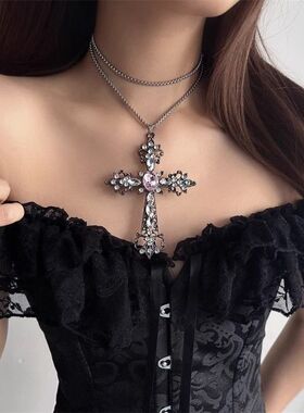 重工大十字架吊坠项链哥特暗黑少女Y2K亚潮配饰lolita甜酷毛衣链