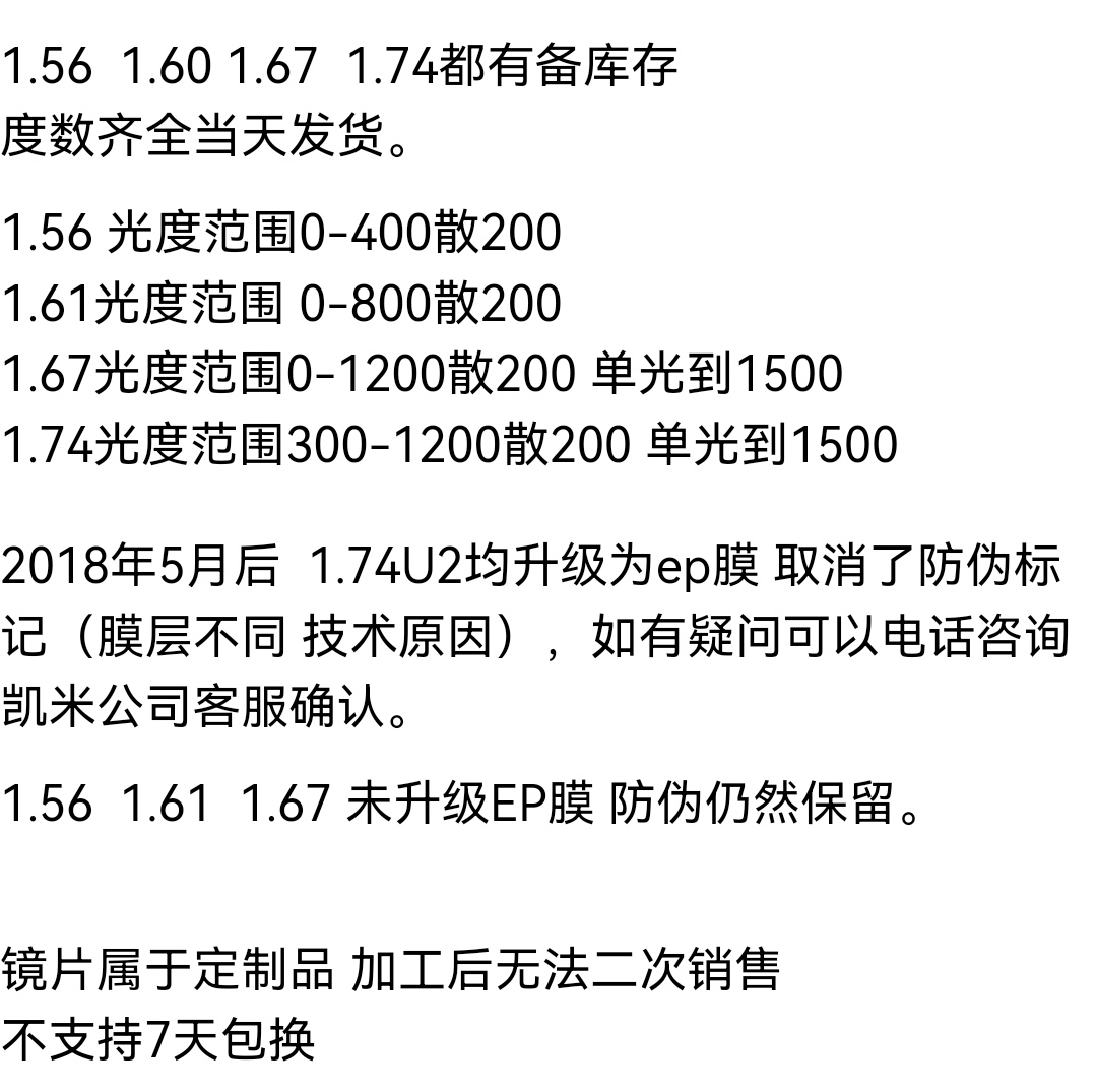 凯米1.56 1.61 1.67 1.74u2u6防蓝光镜片 - 图1