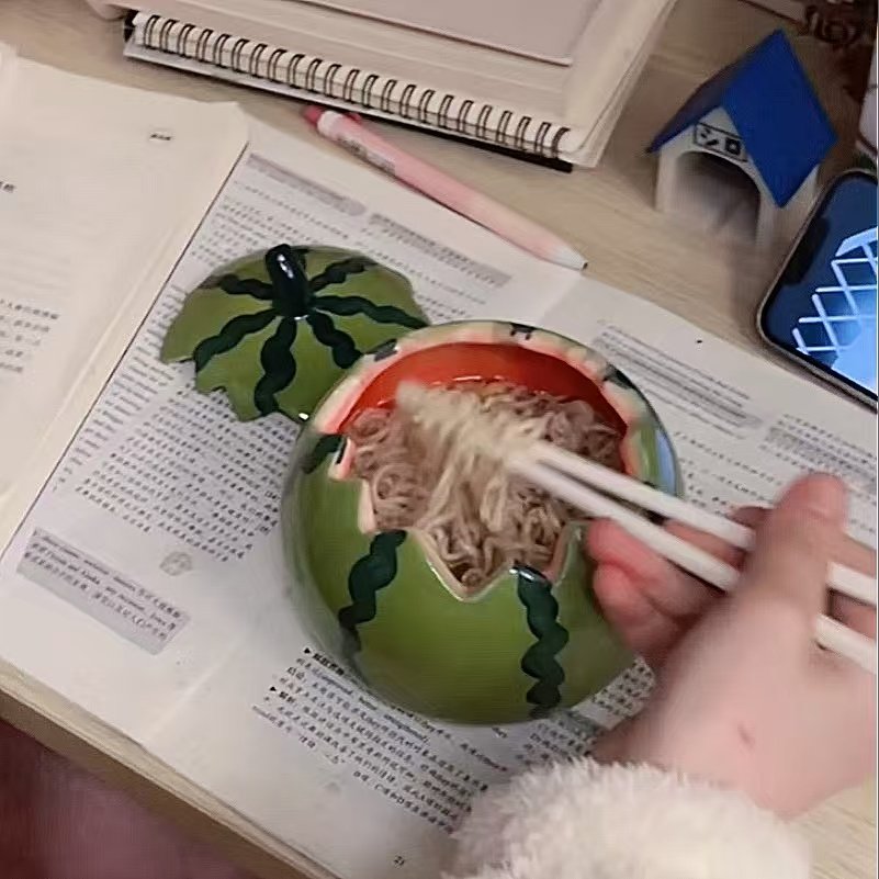 陶瓷多功能泡面碗夏日清凉感西瓜带盖杯子碗高颜值宿舍工位ins,淘宝优惠券,粉丝福利购,淘宝优惠卷