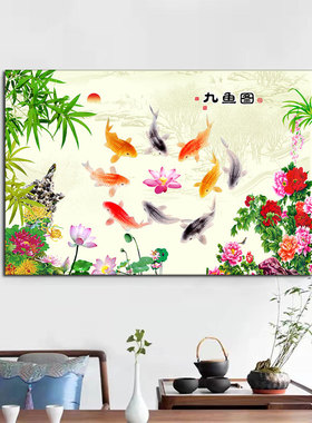 九鱼图风水招财装饰画荷花鱼壁画自粘客厅挂画年年有余沙发墙贴画