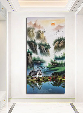 新中式江山如画客厅玄关山水画自粘装饰画客厅走廊过道壁画墙挂画