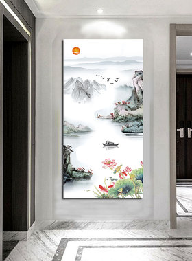 新中式入户山水玄关海报画春和景明客厅背景墙挂画书房过道自粘画