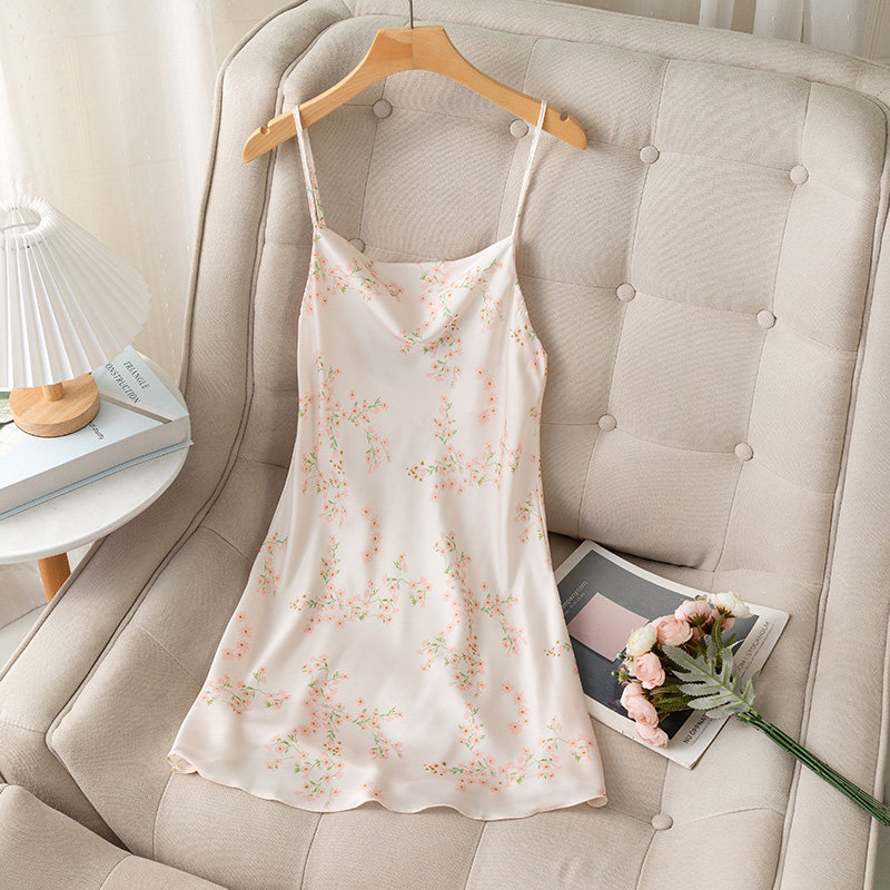 春夏印花吊带冰丝性感无袖露背睡裙 狄思莉睡衣/家居服套装