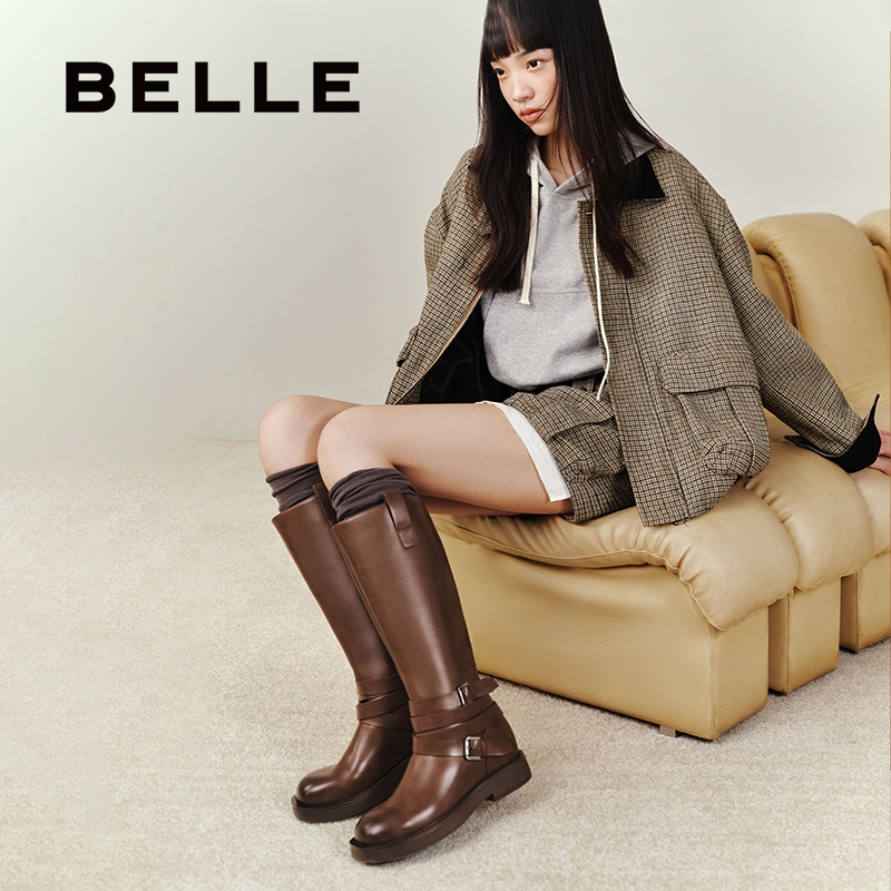 百丽周雨彤同款盛装舞步西部靴女靴子英伦长筒厚底骑士靴C1L1DDG4 - 图1