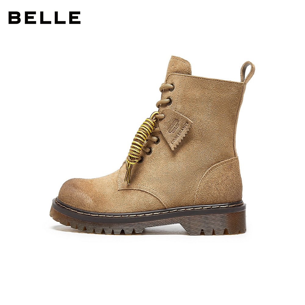百丽复古绒面英伦风马丁靴子2025新款女款牛津底休闲短靴BCX64DZ5 - 图0