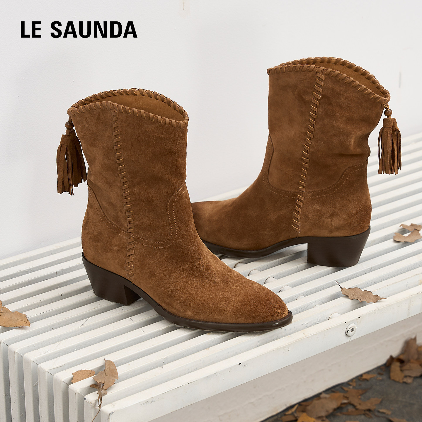 莱尔斯丹2025秋冬新款复古棕色真皮粗跟西部牛仔短靴子女6T55401,淘宝优惠券,粉丝福利购,淘宝优惠卷