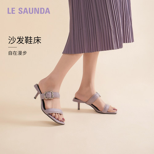 莱尔斯丹奥莱气场女王春夏新款外穿羊皮细跟一字带凉拖鞋女55001 - 图0