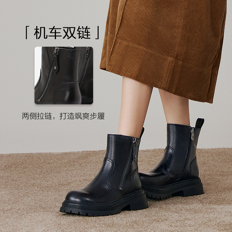 百思图冬季新款商场同款简约通勤时装靴粗跟女短靴ULT04DD4 - 图1