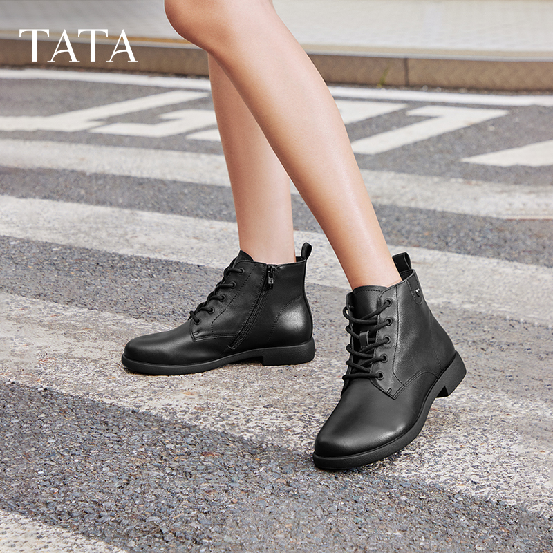 TATA他她休闲马丁靴女靴真皮简约平底短靴子奥莱秋冬新款7BJ48DD4 - 图1
