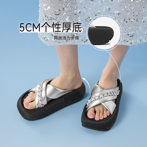 百思图夏季新款时尚简约通勤休闲百搭拖厚底增高女拖鞋E8223BT5 - 图3