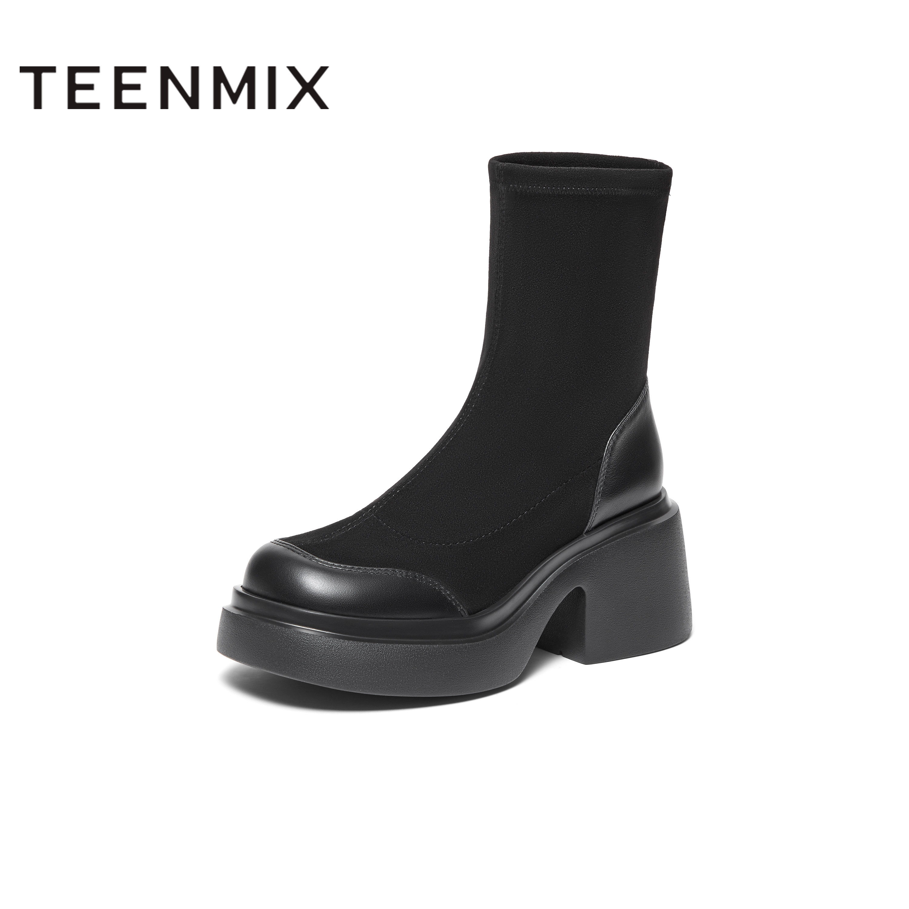 天美意粗跟厚底弹力靴高跟时装靴女复古短靴子冬CPB60DZ3奥莱,淘宝优惠券,粉丝福利购,淘宝优惠卷