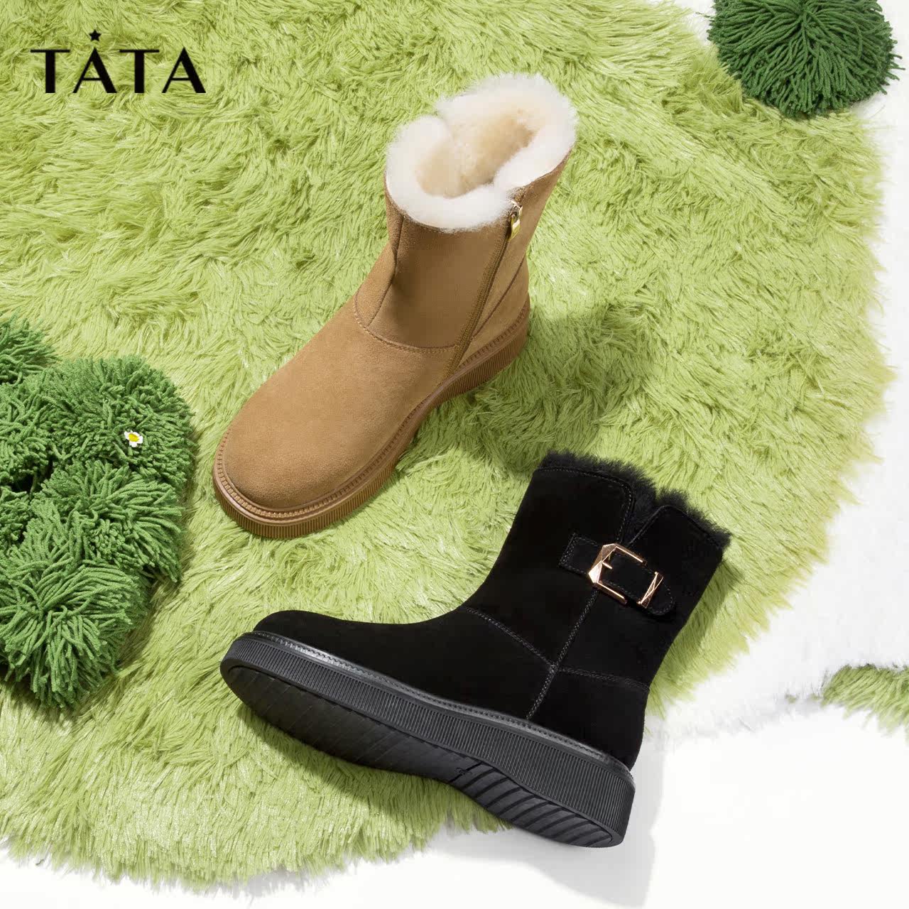 tata新款纯色百搭加绒厚底冬短筒靴 百丽集团outlets店时尚雪地靴