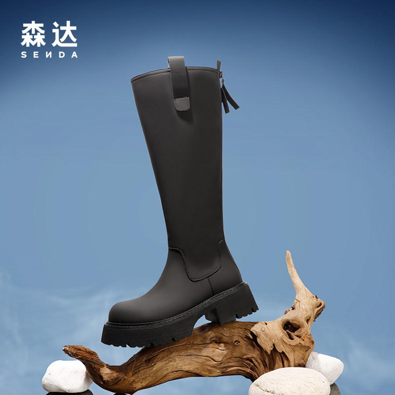 森达冬季新款显瘦休闲粗跟长筒靴 百丽集团outlets店时装靴