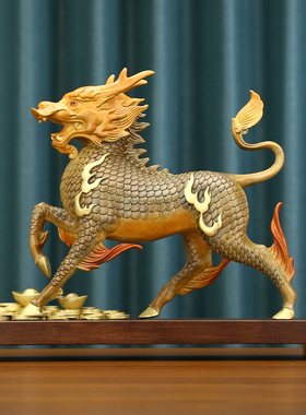 彩铜色麒麟工艺品金钱献宝