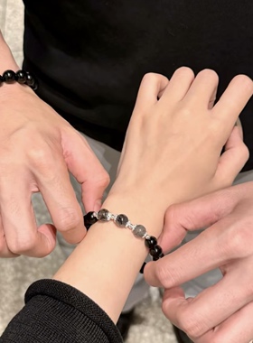 青丝情侣手串黑曜石水晶天然黑发晶转运珠手链招财高级送男女礼物