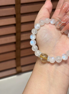 天然蓝月光手串女海蓝宝转运珠水晶手链简约清新原创设计女友礼物