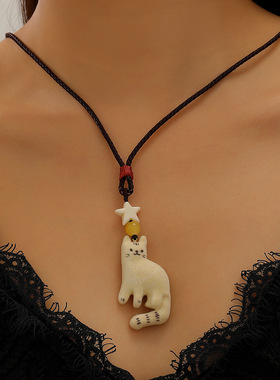 Cartoon vintage beige cat necklace sweater chain choker 项链