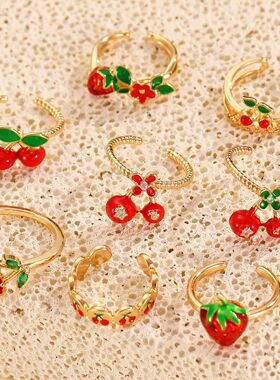 戒指women Cute Cherry Strawberry Open Ring Female fruit Ring