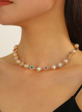 Pearl flower inlaid with colorful Diamond women's necklace