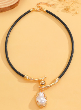 项链戒指New retro colored pearl pendant Female Necklace Ring