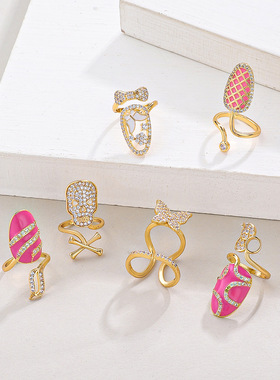 women Creative oval diamond personalized Pink nail ring指戒