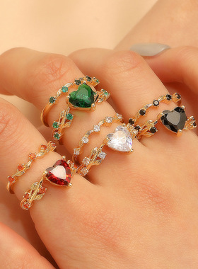 women's personalized green diamond Love two-piece ring set