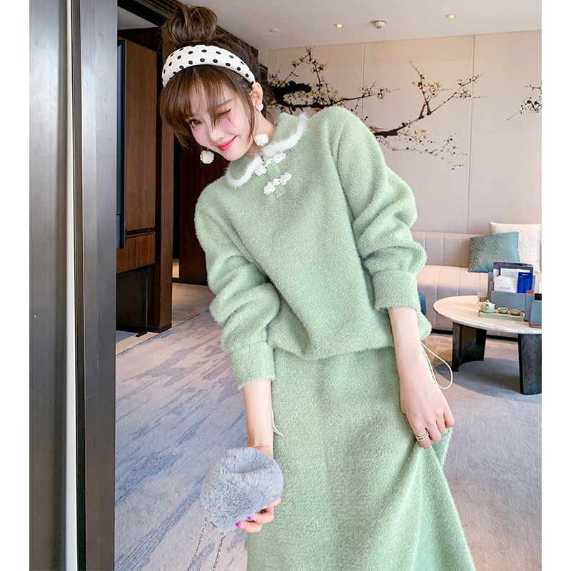 牛油果绿秋冬套装裙国风时尚气质拼接水貂毛条旗袍裙2025年新款,淘宝优惠券,粉丝福利购,淘宝优惠卷