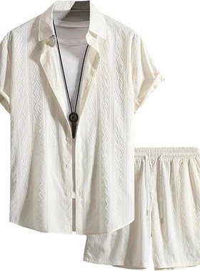 Men's Printed Shirt Short Sleeve Shorts 2 Pcs Hawaiian Beach