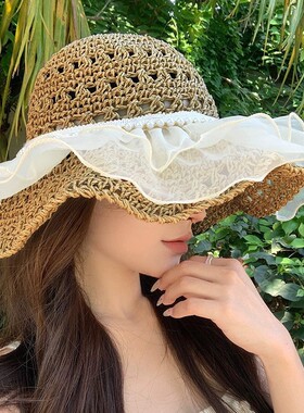 Summer Hat Anti-UV Sun Hats Wide Brim Cap太阳帽田园风手工
