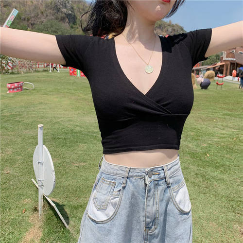 new summer sexy v-neck t-shirt y2k crop top women streetwear - 图0