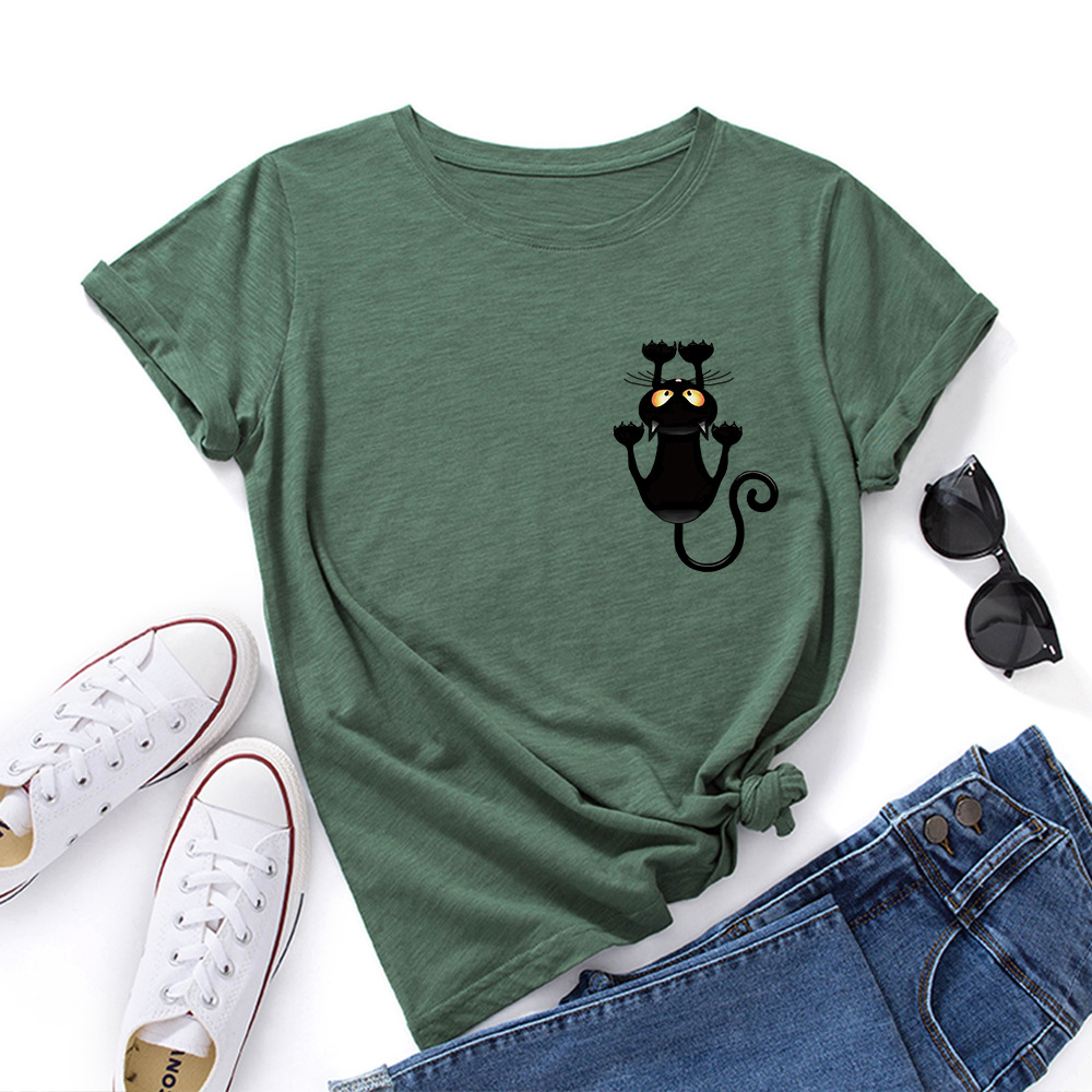 Women Cotton Tshirt Ladies T-shirt 可爱猫咪印花宽松圆领短袖t - 图0