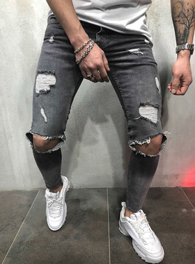 men's jeans for man pants 牛仔裤破洞修身男装长裤站男装小脚裤