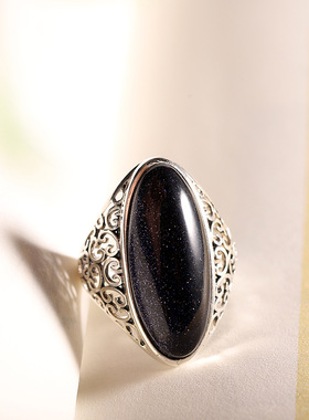 大女主贵气戒指S925银手工女士气质镂空黑玛瑙复古百搭开口戒指