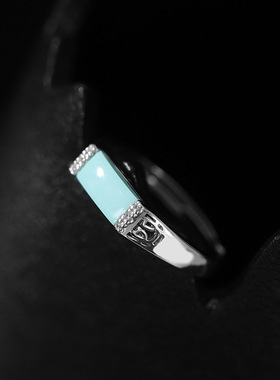 民族风绿松石女长方形几何S925银嵌泰银开口戒指扁型设计戒面指环